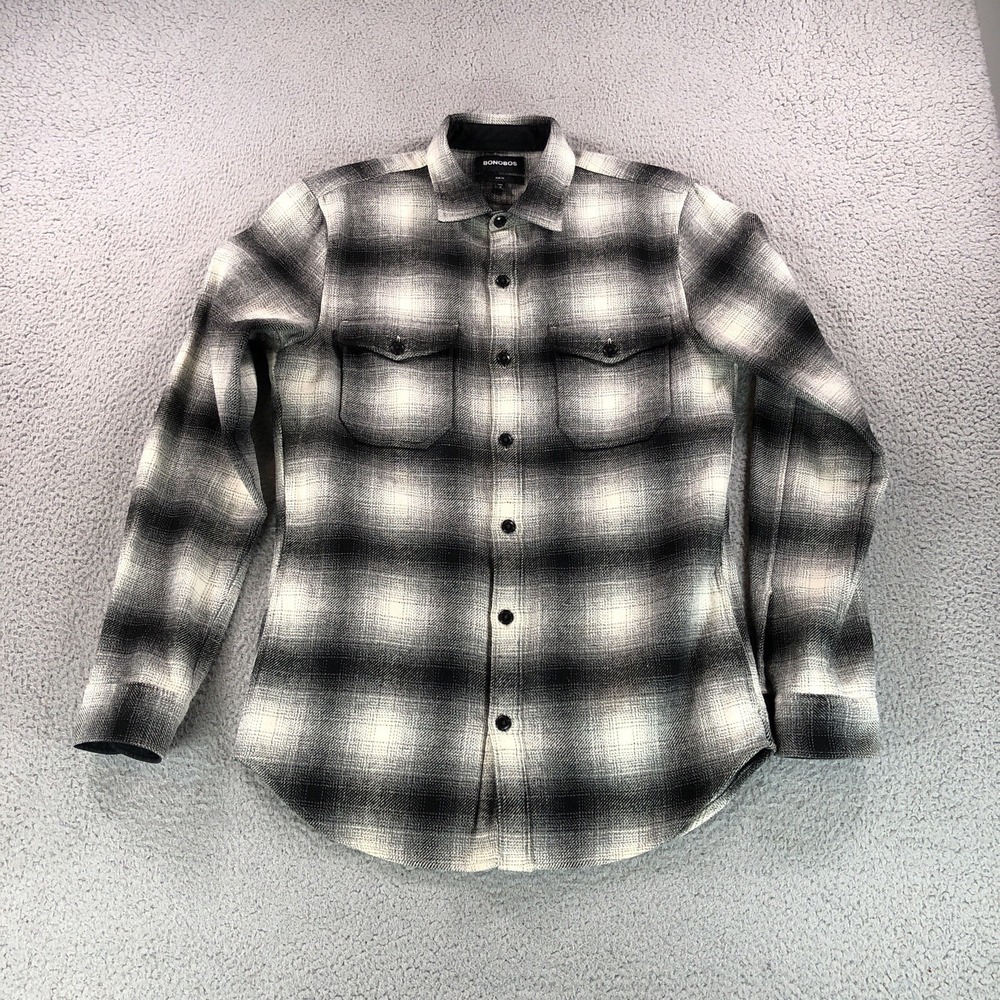 Bonobos Shirt Jacket Adult Medium Long Black Gray Flannel Shadow Slim Wool Blend